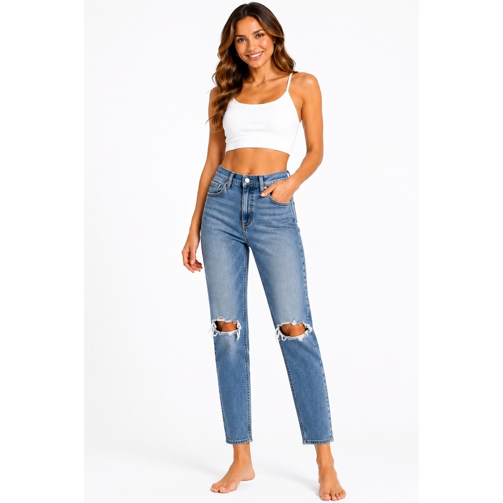 Free People Distressed High Rise Skinny Jeans Blue Size 30 Shredded Knee Frayed